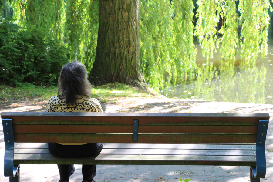 Diese Dame genießt den Sommer auf einer Parkbank am Weiher. Foto: Niklas Heiden