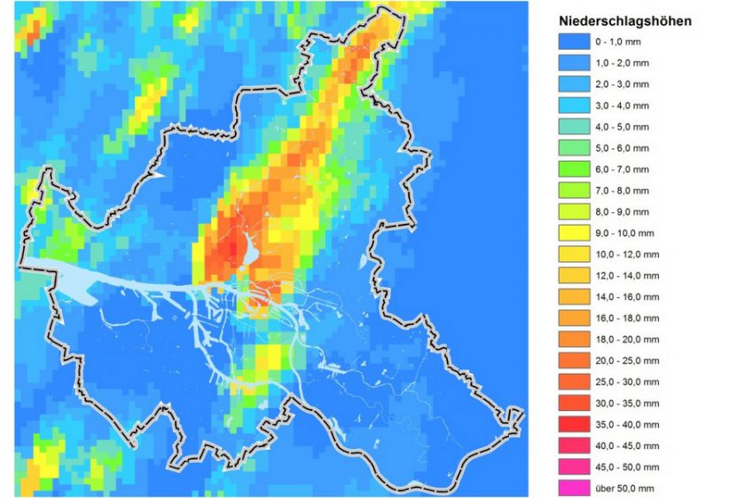 Am Dienstagabend prasselte der Regen aus Eimsbütteler Sicht vor allem auf Rotherbaum und Harvestehude nieder. Grafik: Hamburg Wasser