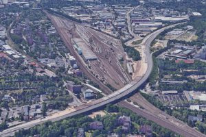 S-Bahn-Stellingen mit das IC-Werk Bahrenfeld. Quelle: Bilder © 2017 Google, Kartendaten © GeoBasis-DE/BKG (©2009), Google