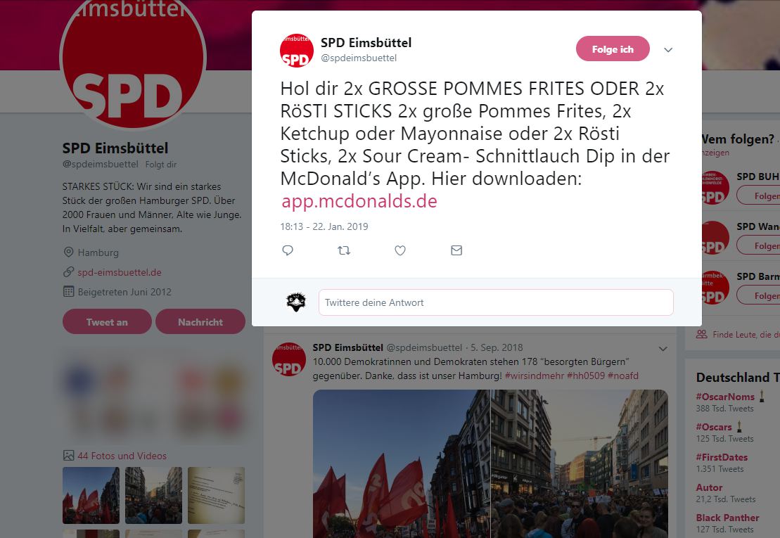 Twitter Account Der Spd Eimsbuttel Fur Mcdonalds Werbung Gekapert Eimsbutteler Nachrichten