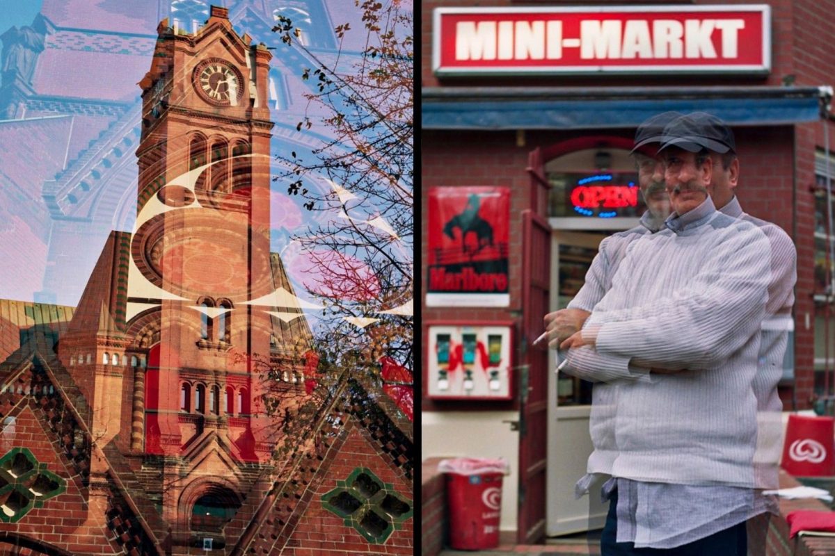 Die Apostelkirche und der Mini-Markt analog fotografiert.