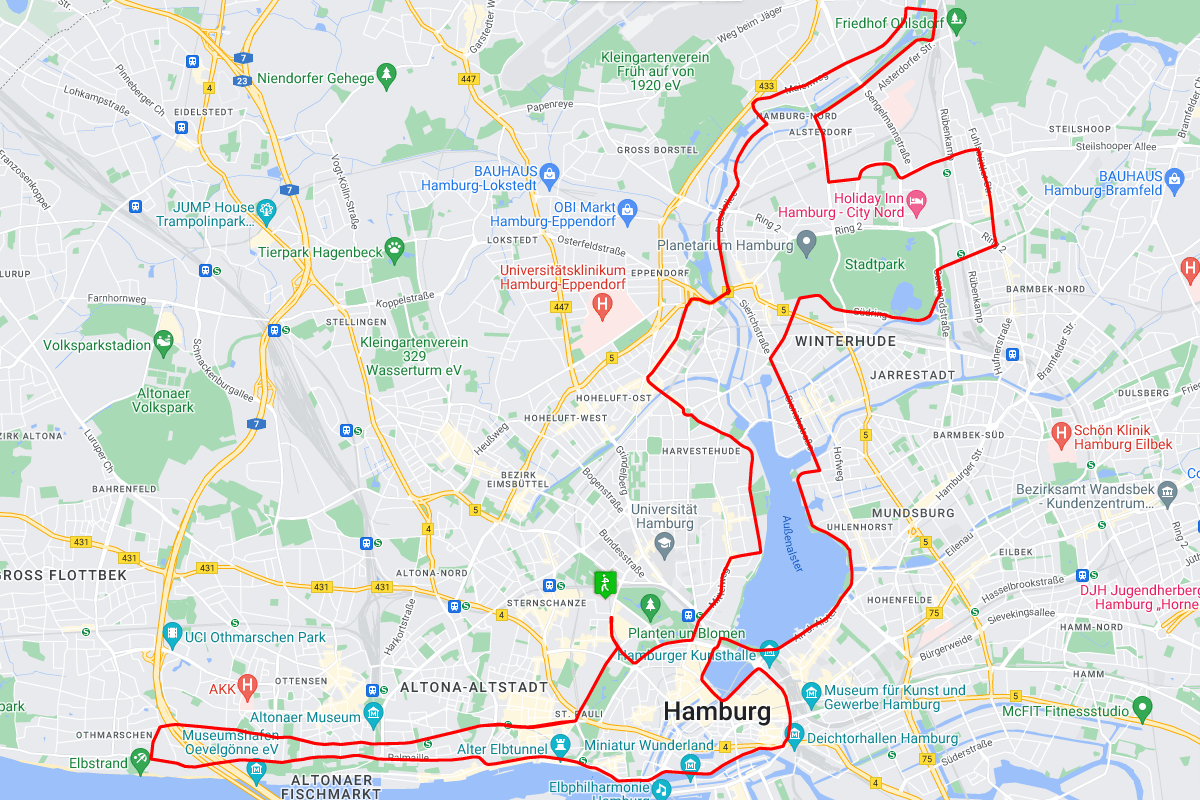 Die Strecke verläuft entlang Elbe und Alster sowie einmal um den Stadtpark herum.