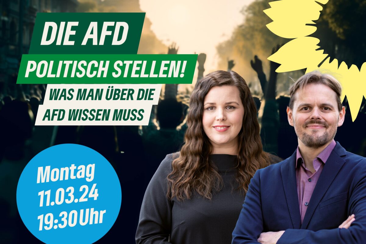 Am 11. März lädt die Grüne Fraktion ab 19:30 Uhr unter dem Thema "Die AFD politisch stellen" zur Diskussionsreihe "Demokratie schützen" ein.