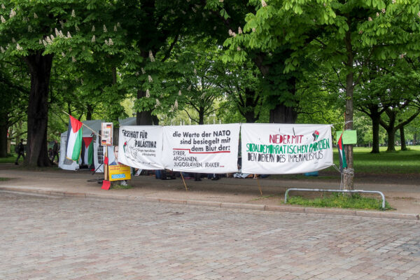 Seit Montagabend steht das propalästinensische Protest-Camp an der Moorweide. Foto: Jacob Gehring