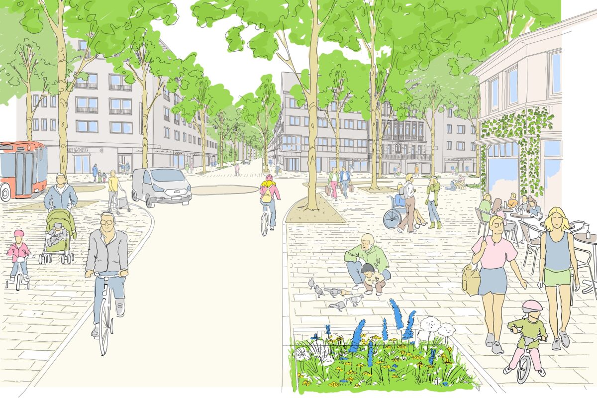 So könnte die Schwenckestraße als Klimastraße aussehen. Visualisierung: 3:0 Landschaftsarchitektur