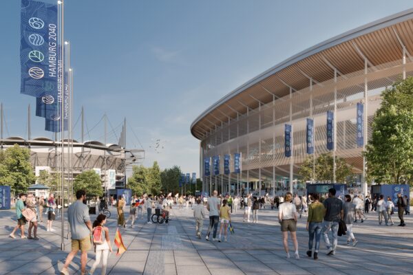 Die Stadt Hamburg hat erste Ideen für die Austragung der olympischen Spiele an der Elbe visualisiert - darunter ein neues Leichtathletikstadion. Visualisierung: Moka Studio