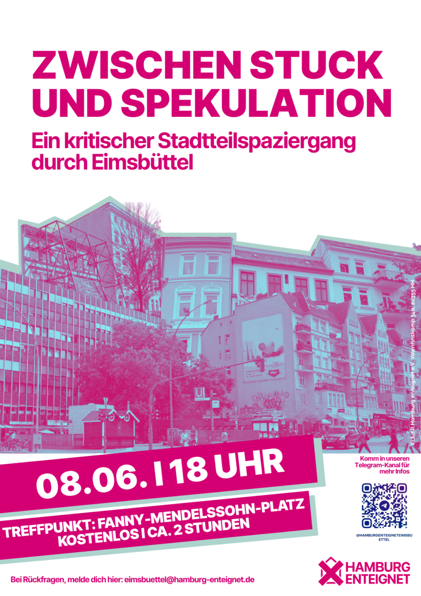 Marien und Maren laden gemeinsam mit der Eimsbütteler Stadtteilgruppe zu einem kritischen Stadtteilspaziergang unter dem Titel „Zwischen Stuck und Spekulation“ ein. Los geht es am 8. Juni um 18 Uhr am Fanny-Mendelssohn-Platz. Zudem trifft sich die Gruppe alle zwei Wochen in Eimsbüttel. Wer Interesse hat mitzumachen, kann sich per Mail melden (eimsbuettel@hamburg-enteignet.de).
